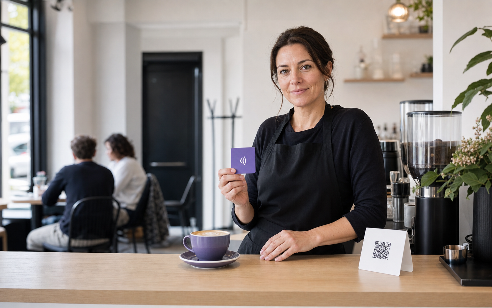 Kavinės vadovė rodo NFC kortelę prie QR atsiliepimo stovelio